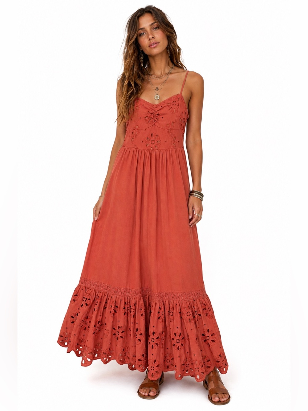 AE Cottagecore Eyelet Tiered Ruffle Maxi Dress Prairie Rust Countrycore Feminine